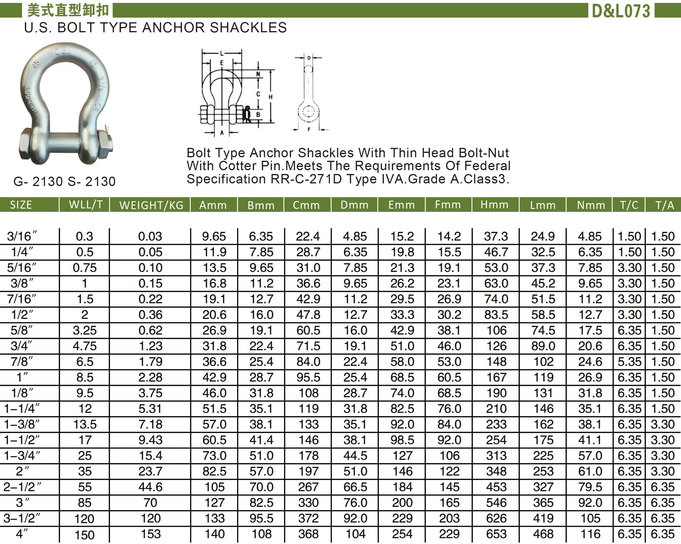 美式弓型带螺母卸扣 G2130 美式弓型带螺母卸扣 G2130